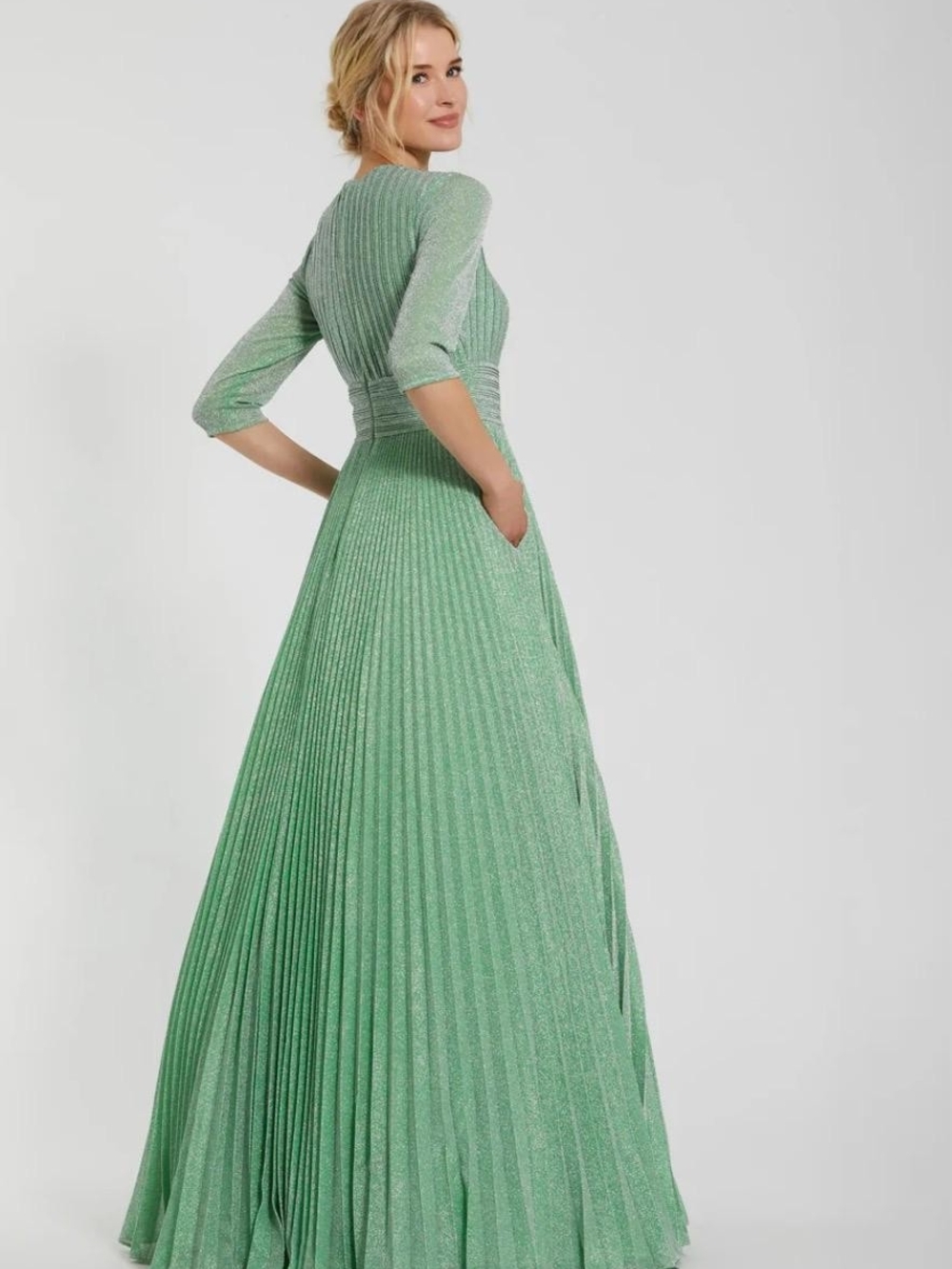 Mac Duggal - Pleated Shimmering 3/4 Sleeve Ball Gown